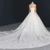 Luxury / Gorgeous Ivory See-through Bridal Wedding Dresses 2020 Ball Gown High Neck Long Sleeve Handmade  Beading Pearl Sequins Cathedral Train Ruffle