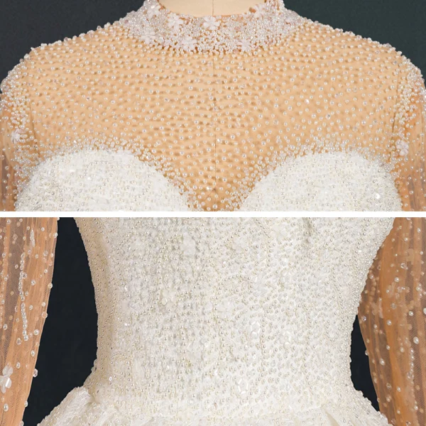 Luxury / Gorgeous Ivory See-through Bridal Wedding Dresses 2020 Ball Gown High Neck Long Sleeve Handmade  Beading Pearl Sequins Cathedral Train Ruffle
