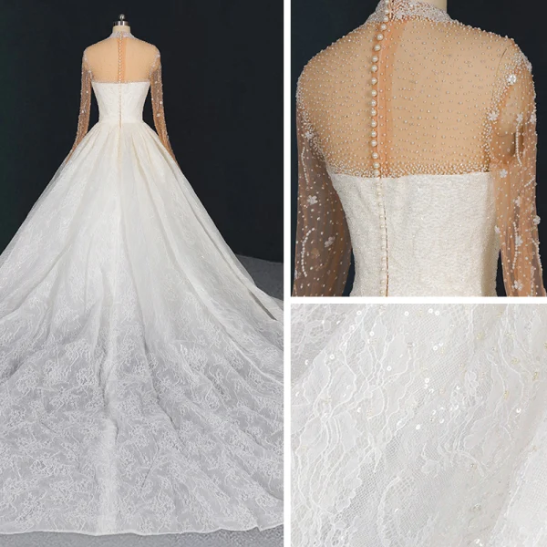Luxury / Gorgeous Ivory See-through Bridal Wedding Dresses 2020 Ball Gown High Neck Long Sleeve Handmade  Beading Pearl Sequins Cathedral Train Ruffle