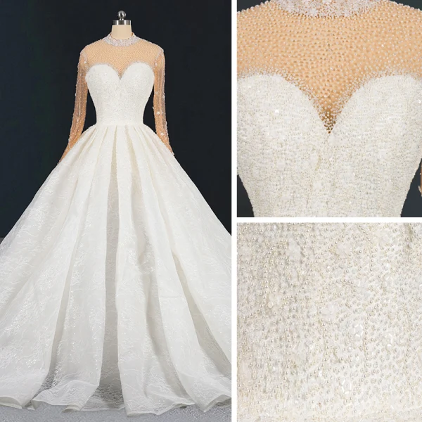 Luxury / Gorgeous Ivory See-through Bridal Wedding Dresses 2020 Ball Gown High Neck Long Sleeve Handmade  Beading Pearl Sequins Cathedral Train Ruffle