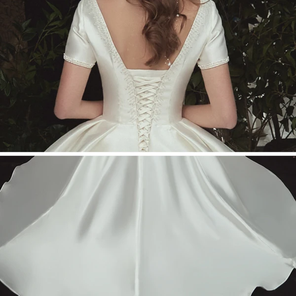 Simple Satin La Mariée Robe De Mariée 2020 Robe Boule Encolure Carrée Manches Courtes Dos Nu Perlage Chapel Train Volants Ivoire