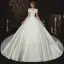 Simple Satin La Mariée Robe De Mariée 2020 Robe Boule Encolure Carrée Manches Courtes Dos Nu Perlage Chapel Train Volants Ivoire