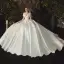 Simple Satin La Mariée Robe De Mariée 2020 Robe Boule Encolure Carrée Manches Courtes Dos Nu Perlage Chapel Train Volants Ivoire