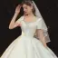 Simple Satin La Mariée Robe De Mariée 2020 Robe Boule Encolure Carrée Manches Courtes Dos Nu Perlage Chapel Train Volants Ivoire