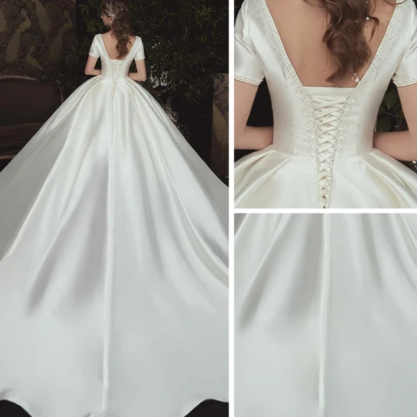 Simple Satin La Mariée Robe De Mariée 2020 Robe Boule Encolure Carrée Manches Courtes Dos Nu Perlage Chapel Train Volants Ivoire