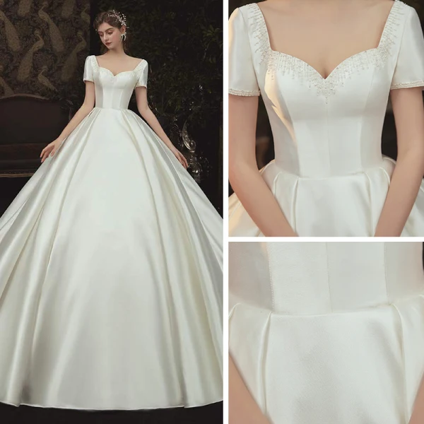Simple Satin La Mariée Robe De Mariée 2020 Robe Boule Encolure Carrée Manches Courtes Dos Nu Perlage Chapel Train Volants Ivoire