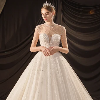 Luxury Gorgeous Ivory See Through Bridal Wedding Dresses 2020 Ball Gown High Neck Short Sleeve Backless Glitter Tulle Beading Pearl Cathedral Train Ruffle