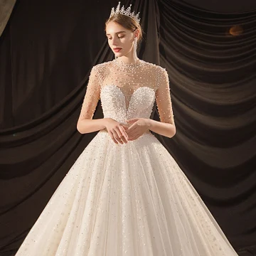 Luxury Gorgeous Ivory See Through Bridal Wedding Dresses 2020 Ball Gown High Neck Short Sleeve Backless Glitter Tulle Beading Pearl Cathedral Train Ruffle
