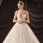 Luxe Ivoire Transparentes La Mariée Robe De Mariée 2020 Robe Boule Col Haut Manches Courtes Dos Nu Glitter Tulle Perlage Perle Cathedral Train Volants