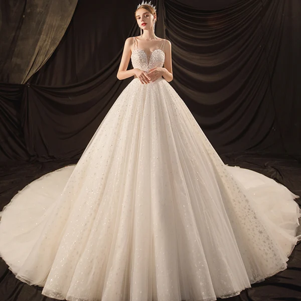 Luxe Ivoire Transparentes La Mariée Robe De Mariée 2020 Robe Boule Col Haut Manches Courtes Dos Nu Glitter Tulle Perlage Perle Cathedral Train Volants