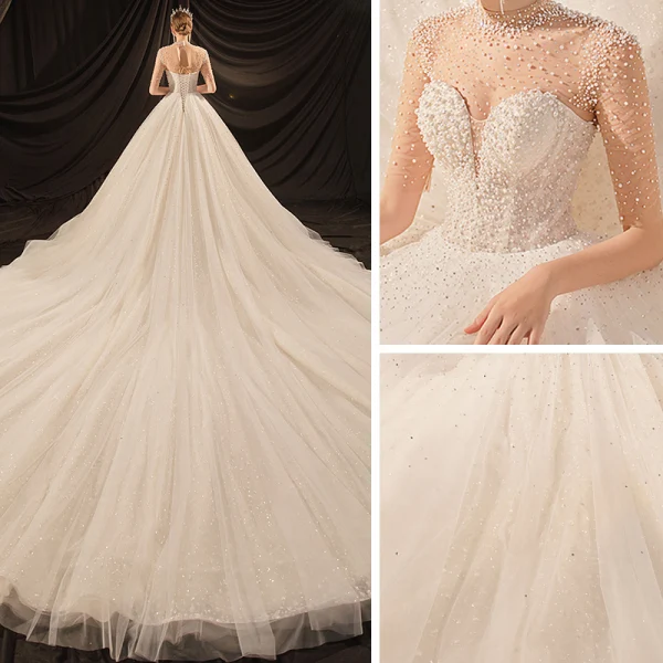 Luxe Ivoire Transparentes La Mariée Robe De Mariée 2020 Robe Boule Col Haut Manches Courtes Dos Nu Glitter Tulle Perlage Perle Cathedral Train Volants