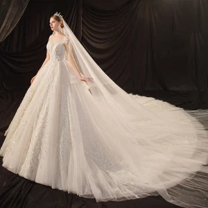Luxury Gorgeous Ivory See Through Bridal Wedding Dresses 2020 Ball Gown Scoop Neck 3 4 Sleeve Backless Glitter Tulle Appliques Lace Beading Cathedral Train Ruffle