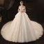 Luxury / Gorgeous Ivory See-through Bridal Wedding Dresses 2020 Ball Gown Scoop Neck 3/4 Sleeve Backless Glitter Tulle Appliques Lace Beading Cathedral Train Ruffle