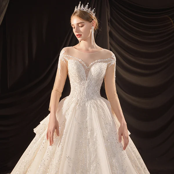 Luxury / Gorgeous Ivory See-through Bridal Wedding Dresses 2020 Ball Gown Scoop Neck 3/4 Sleeve Backless Glitter Tulle Appliques Lace Beading Cathedral Train Ruffle