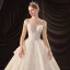 Luxury / Gorgeous Ivory See-through Bridal Wedding Dresses 2020 Ball Gown Scoop Neck 3/4 Sleeve Backless Glitter Tulle Appliques Lace Beading Cathedral Train Ruffle