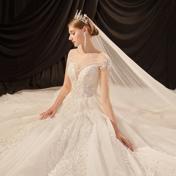 Luxury / Gorgeous Ivory See-through Bridal Wedding Dresses 2020 Ball Gown Scoop Neck 3/4 Sleeve Backless Glitter Tulle Appliques Lace Beading Cathedral Train Ruffle