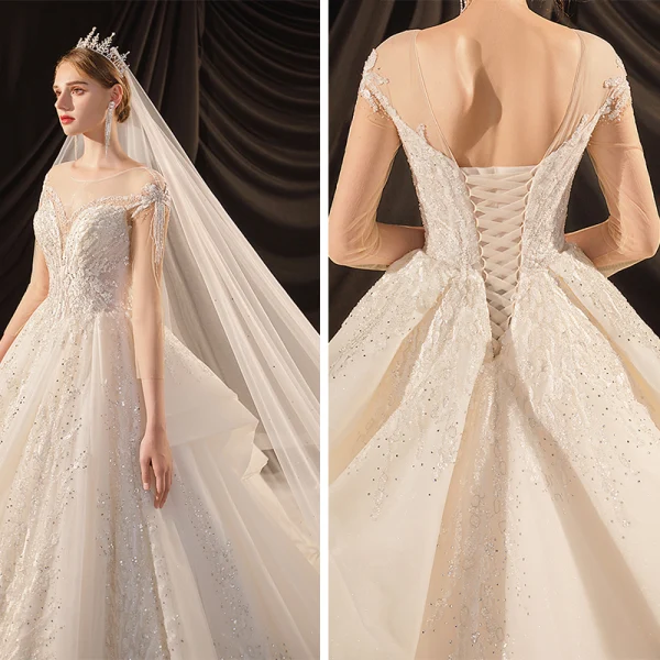 Luxury / Gorgeous Ivory See-through Bridal Wedding Dresses 2020 Ball Gown Scoop Neck 3/4 Sleeve Backless Glitter Tulle Appliques Lace Beading Cathedral Train Ruffle