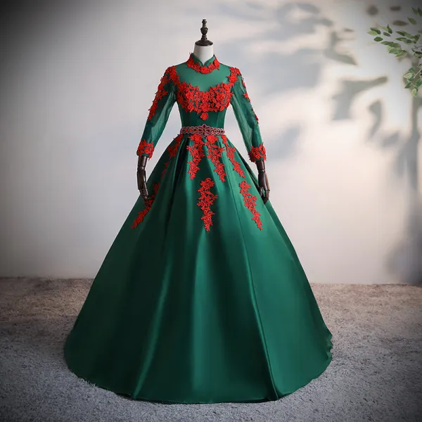 Vintage / Retro Dark Green Satin Dancing Prom Dresses 2020 Ball Gown See-through High Neck Long Sleeve Appliques Lace Beading Rhinestone Floor-Length / Long Ruffle Backless Formal Dresses
