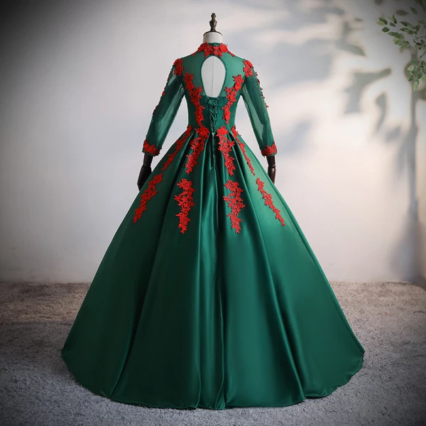 Vintage / Retro Dark Green Satin Dancing Prom Dresses 2020 Ball Gown See-through High Neck Long Sleeve Appliques Lace Beading Rhinestone Floor-Length / Long Ruffle Backless Formal Dresses