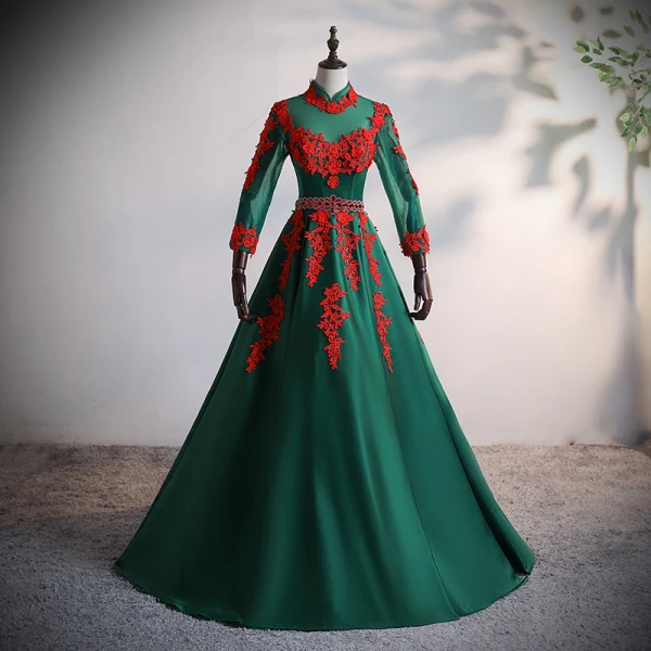 Vintage / Retro Dark Green Satin Dancing Prom Dresses 2020 Ball Gown See-through High Neck Long Sleeve Appliques Lace Beading Rhinestone Floor-Length / Long Ruffle Backless Formal Dresses