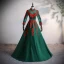Vintage / Retro Dark Green Satin Dancing Prom Dresses 2020 Ball Gown See-through High Neck Long Sleeve Appliques Lace Beading Rhinestone Floor-Length / Long Ruffle Backless Formal Dresses