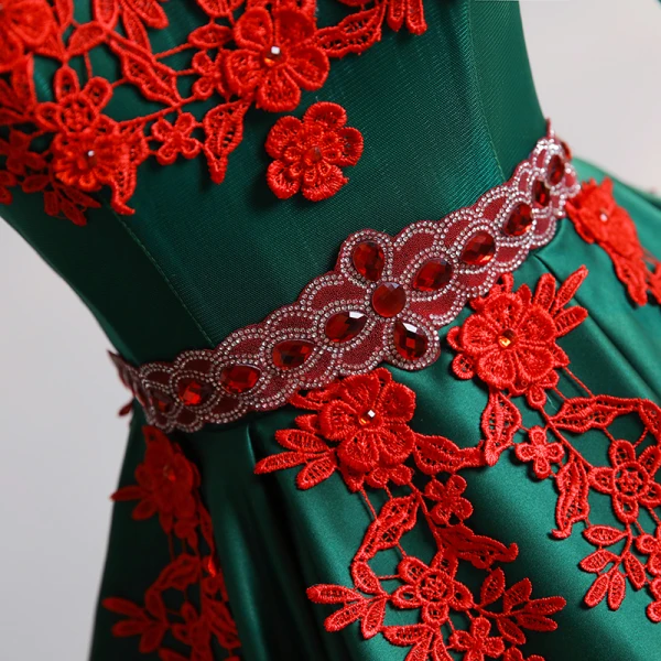 Vintage / Retro Dark Green Satin Dancing Prom Dresses 2020 Ball Gown See-through High Neck Long Sleeve Appliques Lace Beading Rhinestone Floor-Length / Long Ruffle Backless Formal Dresses
