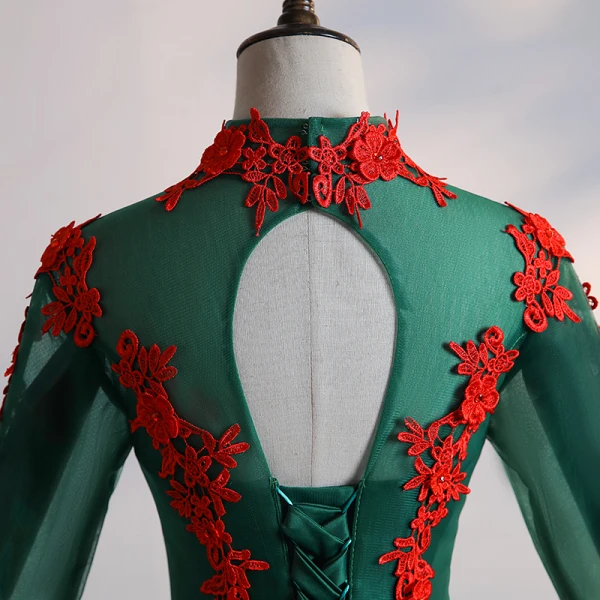 Vintage / Retro Dark Green Satin Dancing Prom Dresses 2020 Ball Gown See-through High Neck Long Sleeve Appliques Lace Beading Rhinestone Floor-Length / Long Ruffle Backless Formal Dresses