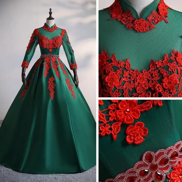 Vintage / Retro Dark Green Satin Dancing Prom Dresses 2020 Ball Gown See-through High Neck Long Sleeve Appliques Lace Beading Rhinestone Floor-Length / Long Ruffle Backless Formal Dresses
