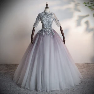 Illusion Grey Dancing Prom Dresses 2020 Ball Gown See Through High Neck 1 2 Sleeves Appliques Lace Flower Beading Pearl Rhinestone Metal Sash Floor Length Long Ruffle Backless Formal Dresses