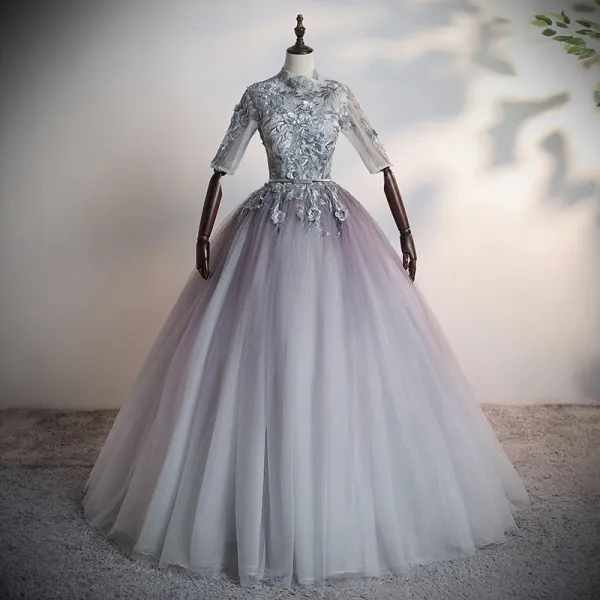 Illusion Grey Dancing Prom Dresses 2020 Ball Gown See-through High Neck 1/2 Sleeves Appliques Lace Flower Beading Pearl Rhinestone Metal Sash Floor-Length / Long Ruffle Backless Formal Dresses