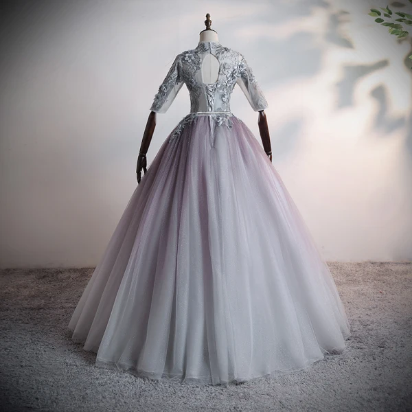Illusion Grey Dancing Prom Dresses 2020 Ball Gown See-through High Neck 1/2 Sleeves Appliques Lace Flower Beading Pearl Rhinestone Metal Sash Floor-Length / Long Ruffle Backless Formal Dresses