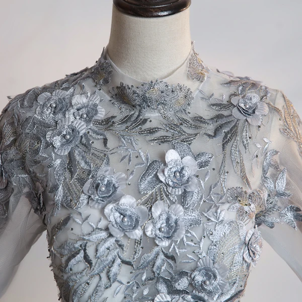 Illusion Grey Dancing Prom Dresses 2020 Ball Gown See-through High Neck 1/2 Sleeves Appliques Lace Flower Beading Pearl Rhinestone Metal Sash Floor-Length / Long Ruffle Backless Formal Dresses