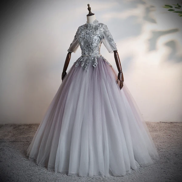 Illusion Grey Dancing Prom Dresses 2020 Ball Gown See-through High Neck 1/2 Sleeves Appliques Lace Flower Beading Pearl Rhinestone Metal Sash Floor-Length / Long Ruffle Backless Formal Dresses