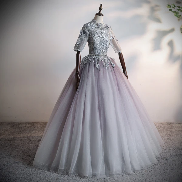Illusion Grey Dancing Prom Dresses 2020 Ball Gown See-through High Neck 1/2 Sleeves Appliques Lace Flower Beading Pearl Rhinestone Metal Sash Floor-Length / Long Ruffle Backless Formal Dresses