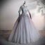 Illusion Grey Dancing Prom Dresses 2020 Ball Gown See-through High Neck 1/2 Sleeves Appliques Lace Flower Beading Pearl Rhinestone Metal Sash Floor-Length / Long Ruffle Backless Formal Dresses
