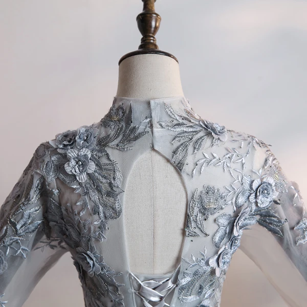 Illusion Grey Dancing Prom Dresses 2020 Ball Gown See-through High Neck 1/2 Sleeves Appliques Lace Flower Beading Pearl Rhinestone Metal Sash Floor-Length / Long Ruffle Backless Formal Dresses