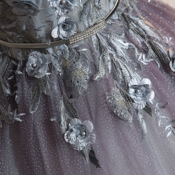 Illusion Grey Dancing Prom Dresses 2020 Ball Gown See-through High Neck 1/2 Sleeves Appliques Lace Flower Beading Pearl Rhinestone Metal Sash Floor-Length / Long Ruffle Backless Formal Dresses