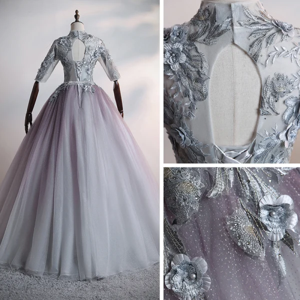 Illusion Grey Dancing Prom Dresses 2020 Ball Gown See-through High Neck 1/2 Sleeves Appliques Lace Flower Beading Pearl Rhinestone Metal Sash Floor-Length / Long Ruffle Backless Formal Dresses