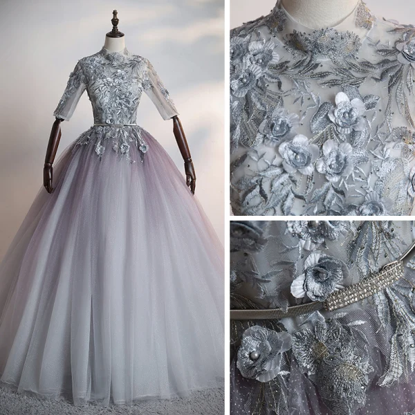 Illusion Grey Dancing Prom Dresses 2020 Ball Gown See-through High Neck 1/2 Sleeves Appliques Lace Flower Beading Pearl Rhinestone Metal Sash Floor-Length / Long Ruffle Backless Formal Dresses