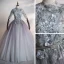Illusion Grey Dancing Prom Dresses 2020 Ball Gown See-through High Neck 1/2 Sleeves Appliques Lace Flower Beading Pearl Rhinestone Metal Sash Floor-Length / Long Ruffle Backless Formal Dresses