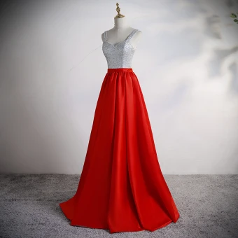 Two Tone Silver Red Satin Prom Dresses 2020 A Line Princess Shoulders Sleeveless Sequins Split Front Floor Length Long Ruffle Backless Formal Dresses