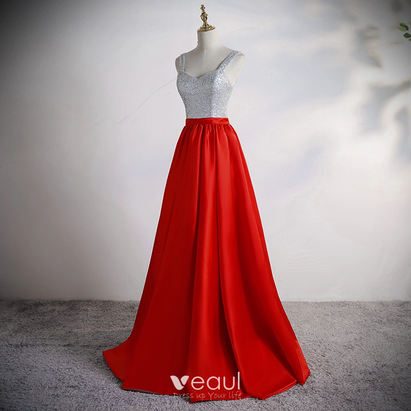 Dos colores Plata Rojo Saten Vestidos de gala 2020 A Line Princess Hombros Sin Mangas Lentejuelas Delante De Split Largos Ruffle Sin Espalda Vestidos Formales