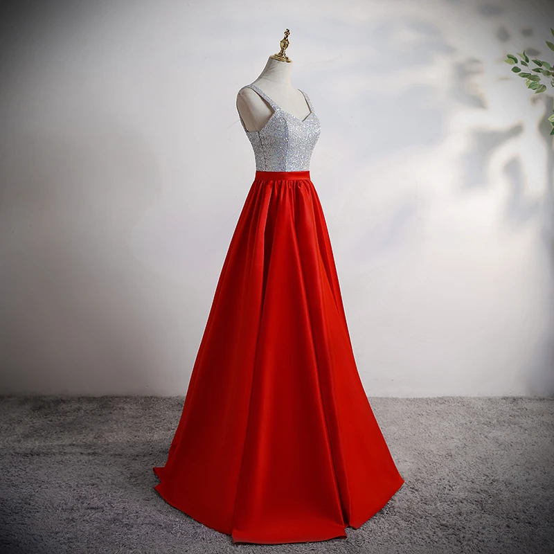 strapless open back dress Lace Embroidery Beaded V-Neck Satin Ball Gown Prom Dress main image 0