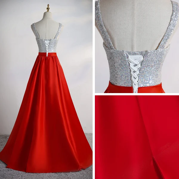 Two Tone Silver Red Satin Prom Dresses 2020 A-Line / Princess Shoulders Sleeveless Sequins Split Front Two Tone Silver Red Satin Prom Dresses 2020 A-Line / Princess Shoulders Sleeveless Sequins Split Front