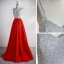 Zwei Töne Silber Rot Satin Ballkleider 2020 A Linie Schultern Ärmellos Pailletten Gespaltete Front Lange Rüschen Rückenfreies Festliche Kleider