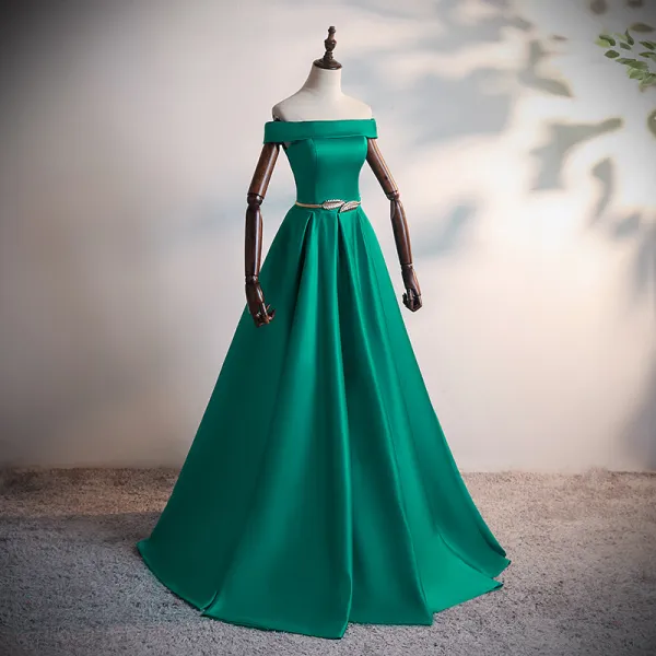 Modest / Simple Dark Green Satin Dancing Prom Dresses 2020 A-Line / Princess Off-The-Shoulder Short Sleeve Metal Sash Split Front Floor-Length / Long Backless Formal Dresses