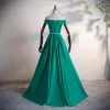 Modest / Simple Dark Green Satin Dancing Prom Dresses 2020 A-Line / Princess Off-The-Shoulder Short Sleeve Metal Sash Split Front Floor-Length / Long Backless Formal Dresses