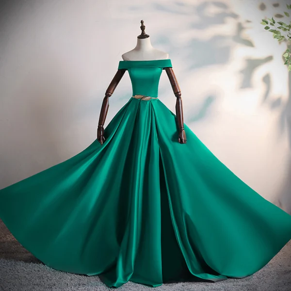 Schlicht Dunkelgrün Satin Tanzen Ballkleider 2020 A Linie Off Shoulder Kurze Ärmel Metall Stoffgürtel Gespaltete Front Lange Rückenfreies Festliche Kleider