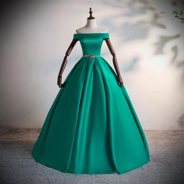 Schlicht Dunkelgrün Satin Tanzen Ballkleider 2020 A Linie Off Shoulder Kurze Ärmel Metall Stoffgürtel Gespaltete Front Lange Rückenfreies Festliche Kleider