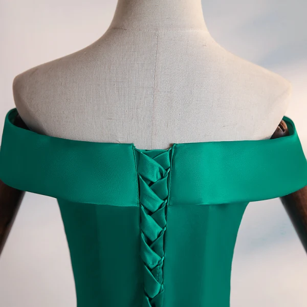 Schlicht Dunkelgrün Satin Tanzen Ballkleider 2020 A Linie Off Shoulder Kurze Ärmel Metall Stoffgürtel Gespaltete Front Lange Rückenfreies Festliche Kleider